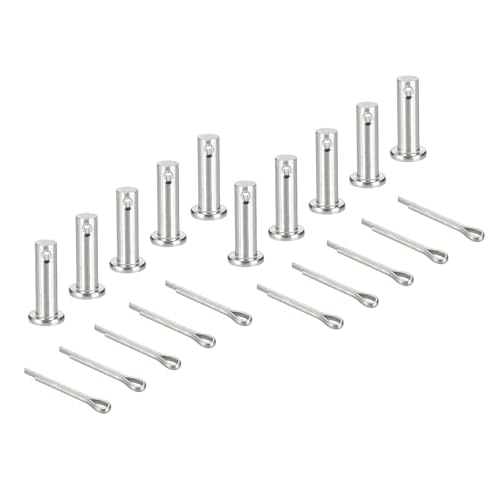 uxcell 10Pcs M6x20mm Clevis Pins, 304 Stainless Steel Single Hole Flat Head Hitch Fastener Lock Systems with Cotter Pins for Furniture Installation Trailer Lawn Mower, Silver