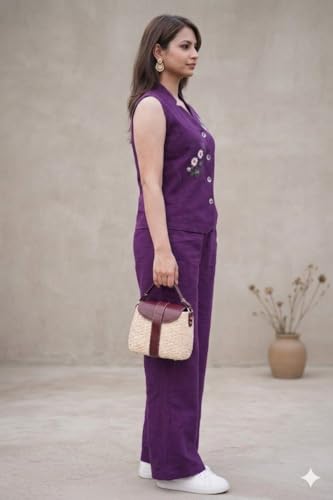 Image of Lyssa Yellow Ember Embroidered Co-Ord Set for Women, Sleeveless Vest with Wide-Leg Trousers