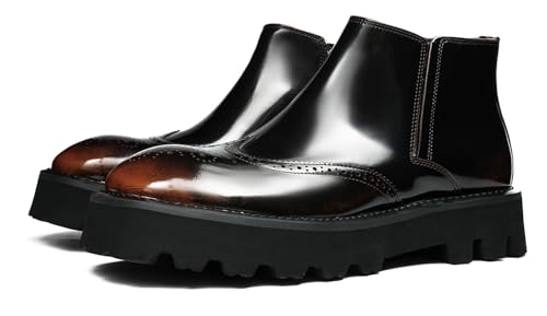 Santimon Men's Patent Leather Wingtip Ankle Chelsea Boots -Fashion Dress Casual Boots with Side Zipper, Brogue Detail & Chunky Lug Sole for Business, Wedding Coffee 12 US