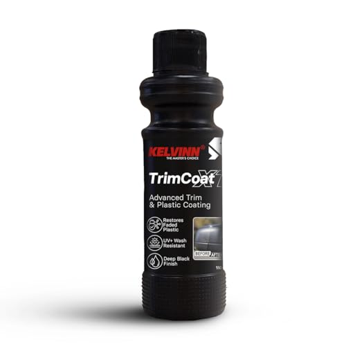 Image of Kelvinn TrimCoat XT Trim Restorer 110ml, Plastic & Rubber Restorer for Car Bike Exterior, Deep Black Finish for Faded Bumpers Mouldings Trims, UV Protection Water Repellent Wash Resistant Coating