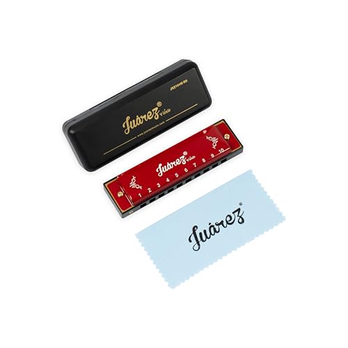 Image of Juarez Key C Diatonic Blues Harmonica 10 Hole 20 Tones with Case & Cleaning Cloth | Phosphor Bronze Reeds, ABS Comb | Mouth Organ for Beginners, Kids, Students & Professionals, Red