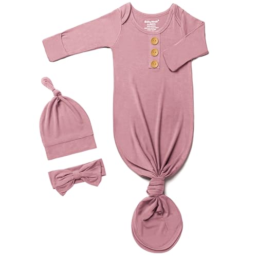 Newborn Baby Knotted Gown Extra Long Super Soft Silky Infant Long Sleeve Sleeper with Tie Bottom Baby Girl and Boy Sleep Gown with Mittens Bow and Hat Set[Bean Pink Newborn]
