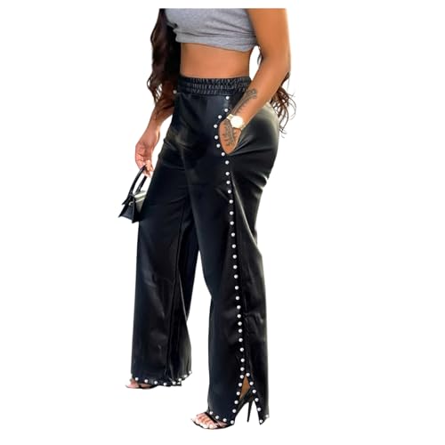 Women's Faux Leather Pants High Waisted Straight Wide Leg Trousers Rivets Slit Pu Leggings