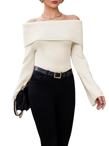 Image of GORGLITTER Women's Off The Shoulder Sweater Long Sleeve Ribbed Knit Pullover Top Trendy Fall Outfits 2025