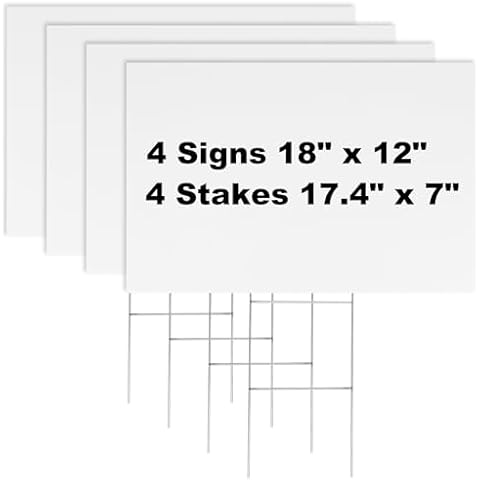 Newflager 4 Pack 18 x 12 Inches White Corrugated Plastic Yard Sign with Metal Stakes for Birthday, Real Estate Garage Sale Signs, Rent, Guidepost Decorations Cover