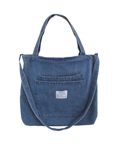 デニム ショルダーバッグ トート キャンパストート 斜めがけ デニム ファスナー付き A4ファイル可 ポケット 大容量 布バッグ マザーズバッグ 軽量 おしゃれ レディース メンズ 男女兼用 通学 通塾 お稽古 大人 大学生 高校生 中学生 (ライトブルー