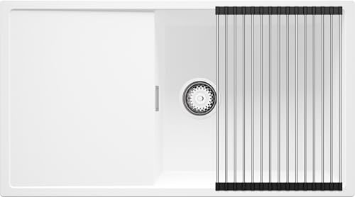 PRIMAGRAN Evier Cuisine en Granit Blanc 90x50cm, Lavabo 1 bac + Kit de Vidage + Égouttoir Enroulable, Évier à Encastrer al mueble 60cm - Ibiza