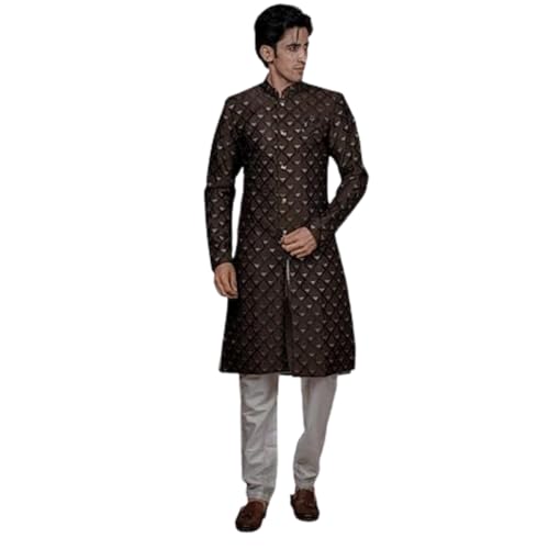 Image of Amzira Men's Soft Cotton Indo Western Kurta Pyjama Set with Mandarin Collared Neck Long Sleeves Button Closure and Solid Pant