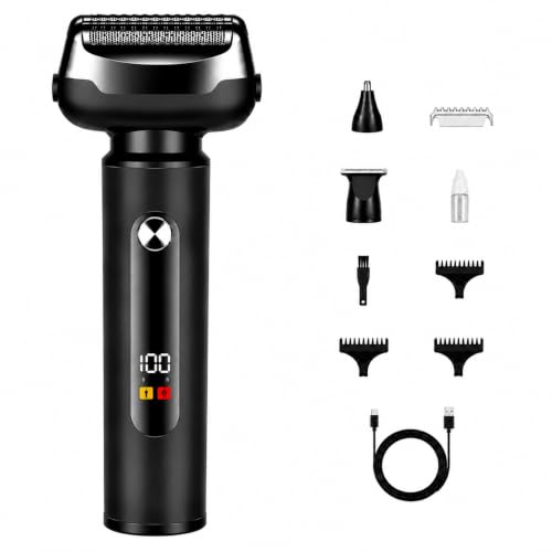 Barbeador Elétrico 3 em 1, Máquina de Barbear Masculino (Preto) | Barbeador Elétrico Sem Fio com Aparador de Nariz, Lâmina de Autofiação, Visor LED e Bateria Recarregável