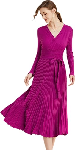 Image of RanRui Womens Winter Fall Pleated Knitted Fit and Flare Long Sleeve Sweater Dress