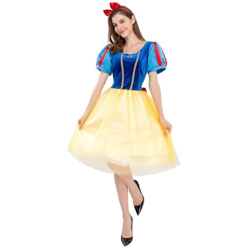 LANGWEI Gelb,S,Märchenprinzessin Kostüme Für Erwachsene Schneewittchen Kostüm Für Damen Cosplay Karneval Halloween Kleid Mit Stirnband