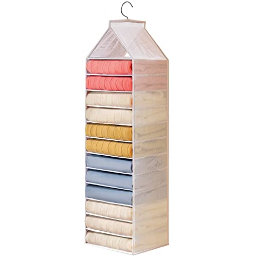 Aeeteek 1 Pack Hanging Closet Organizer Pvc Waterproof Wardrobe Clothes Organizer Dividers 12 Shelves Fabric Cabinet Pants Storage Box Foldable Drawers With Hook For Home Dorm Camping (White) #TOP11