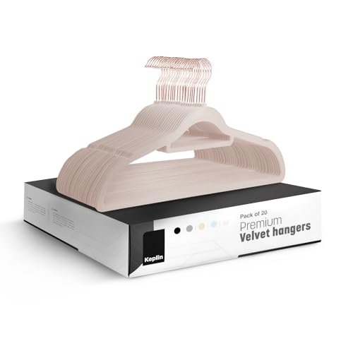 KEPLIN Velvet Hangers 20 Pack - Non-Slip Clothes Hangers with Tie Bar & 360° Hook - Durable & Sturdy, Space-Saving Wardrobe Organisers for Suits, Jackets & Clothes- Home Storage Solution (Blush Pink)