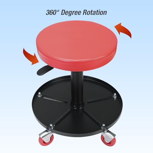 Image of Big RED Creeper Garage /Shop Seat: Heavy Duty Rolling Pneumatic Padded Adjustable Mechanic Stool with Tool Tray Storage, Red Large