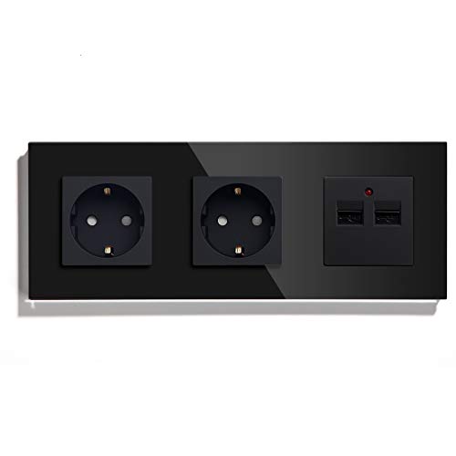 Schuko Steckdosen Glasscheibe 16A 100-240V Doppelt EU Steckdose mit 2 3.1A USB-Ladeanschlüssen 100-220V Schwarz