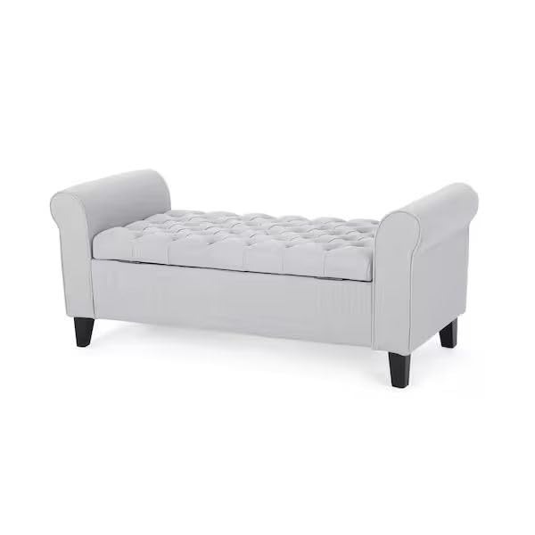 Image of Storage Ottoman Bench with Armrest | Upholstered Tufted Sofa Bench with Hidden Storage | Bedroom Living Room Entryway Seating | Modern Lounge Bench Footrest Seat with Lift Top | Silver Fabric