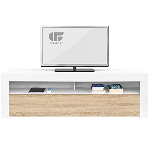 Comifort-AP84BS–Mueble-TV-Salon-Moderno-Mesa-Television-Colores-Blanco-BlancoRoble-Roble-Medidas-160x35x50-Cm-BlancoRoble