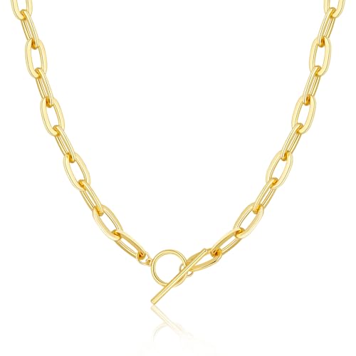 Kyerlyn Chunky Toggle Clasp Necklace for women, 18K Gold Plated Necklace Dainty Gold Toggle Chunky Pearl Simple Link Chain Necklace Vintage Fashion Jewelry