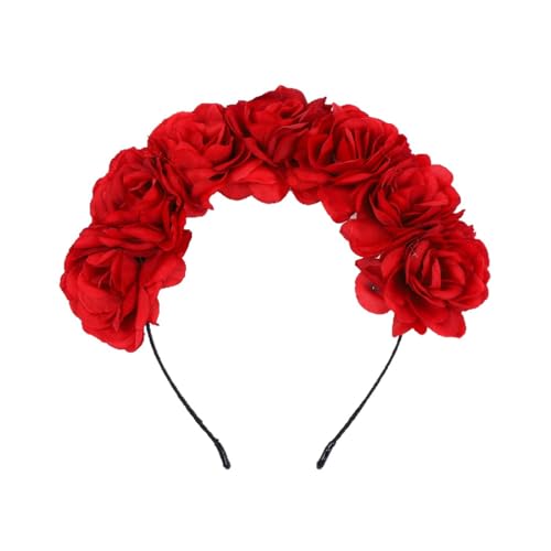 FoxCyllene Bridal Rose Flower Headband Floral Crown Hair Accessory for Women Beach Wedding Party Festival Headpiece Red Rose Headband 7.9 x 7.1 inches Children Adults Suitable (Red)