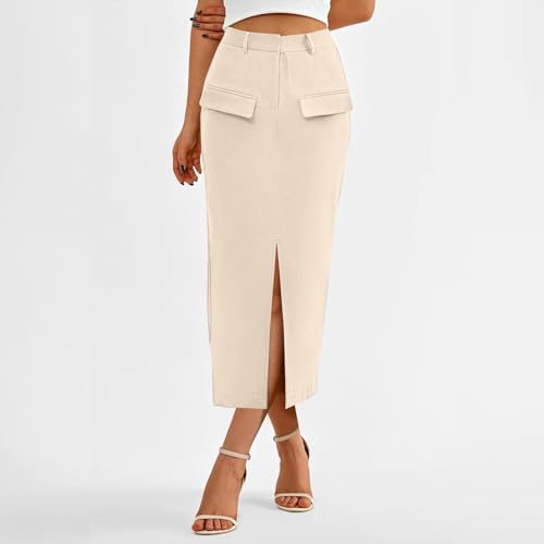 Women High Waisted Cargo Midi Pencil Skirt Trendy Dressy Summer Casual Split Front Business Work Long Skirts2