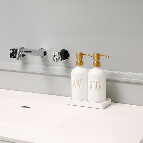 Prus Waso Bathroom Soap Dispenser Set, Contains Glass Soap Dispenser and Lotion Dispenser. Soap and Lotion Dispenser Set with Stainless Steel Pump & White Tray, Perfect for Bathroom Decor. (White)
