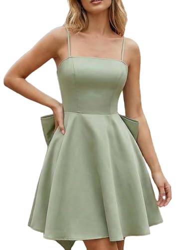 Image of WDIRARA Women's Satin Bow Homecoming Dresses Spaghetti Strap Wedding Guest Gown Summer Mini Dress