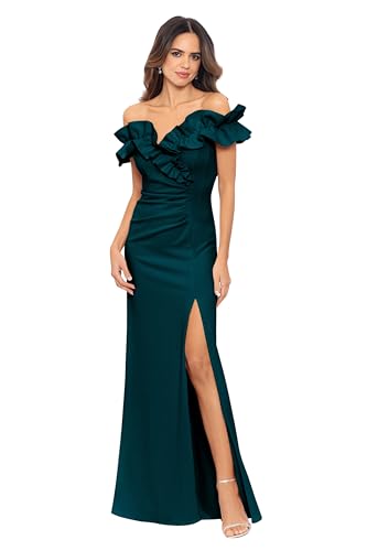 Image of Xscape Women's Long Stretch Scuba Crepe Ruffle Collar Ruched Dress, Pine, 10