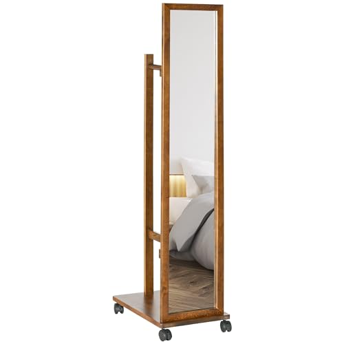HOMCOM Espejo de Cuerpo Entero con Ruedas Espejo Largo con Barra para Ropa y Estante Inferior para Dormitorio Salón Pasillo 35,5x49,5x167,8 cm Nogal