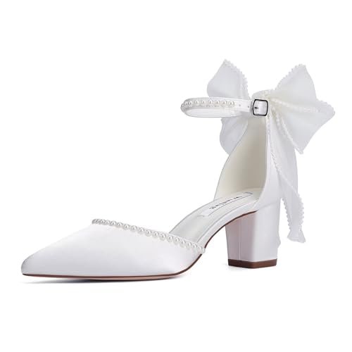Block Heel Bridal Shoes White 7 with Bow & Pearl