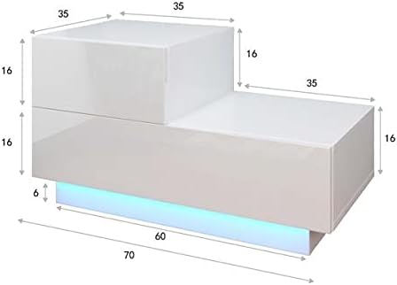 70 x 35 x 38CM Modern Bedside Table Side Bed Table for Bedrooms RGB Led Lights Nightstand with 2 Drawer, Side End Table Sofa Couch for Bedroom, Living Room, Accent Table, White