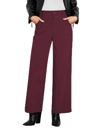 GRAPENT Corduroy Wide Leg Pants Woman High Waisted Fall Business Casual Elastic Waist Loose Trendy Trousers with Pockets