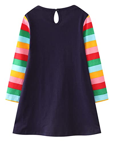 Image of Girls Cotton Long Sleeve Casual Cartoon Appliques Striped Jersey Dresses