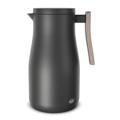 alfi STUDIO ALLURE 1,0l, schwarz matt mit Holz-Elementen, Isolierkanne aus doppelwandigem Edelstahl, Thermoskanne hält 12 Stunden warm, 24 Stunden kalt, Drehverschluss, Öffnung groß, BPA-frei