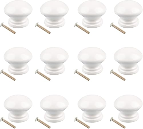 Jiayaus Lot de 12 Bouton de Meuble, Poignée Meuble Bois avec Vis, Poignee de Meuble Ronds Blanc, Boutons de Portes pour Placards, Commodes, Armoires