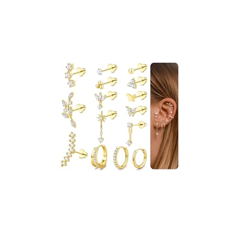 MILACOLATO 16G Helix Piercing Jewellery Surgical Steel Flat Back Earrings Gold Silver Stud Hoop Earrings for Women Helix Earring Set Cartilage Conch Tragus Piercing Jewellery-H-CG