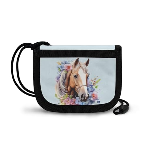 Horse Girls Zipper Wallets for Kids 8-10 Floral Card Holder Wallet for School Personalized Pattern Aesthetic Bifold Wallet Light Blue Wallet Foldable2