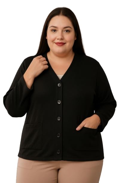 Image of Women's Woollen V-Neck Plus Size Winter Cardigan Sweater with Front Pockets