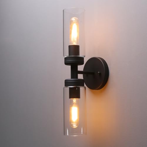 Image of Phansthy Rustic Industrial Wall Sconce Light with Tubular Clear Glass Lampshade (2-Light Sconce)