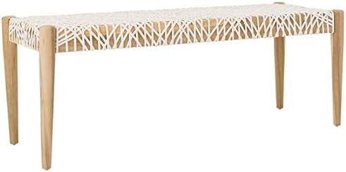 SAFAVIEH Home Collection Bandelier Natural Teak Wood/ Off-White Leather Weave Entryway Foyer Dining Bench