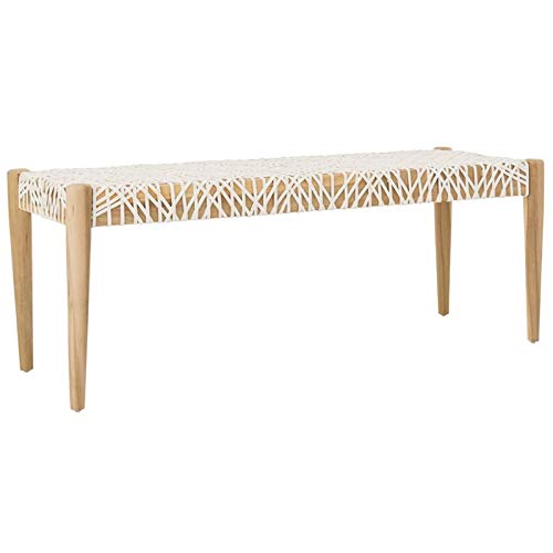 Safavieh Home Collection Bandelier Natural Teak Wood/ Off-White Leather Weave Entryway Foyer Dining Bench #TOP21