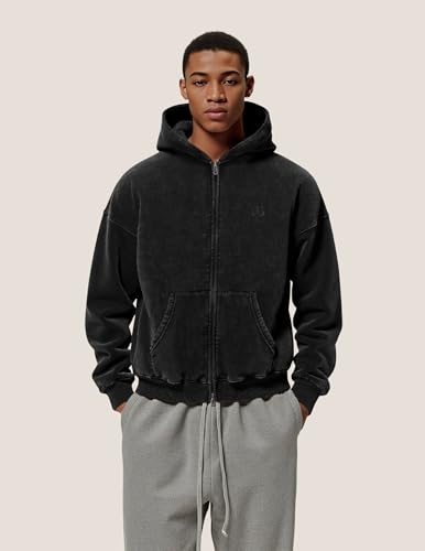 Aelfric Eden Zip Up Hoodie Acid Wash hooded Sweatshirts Oversized Vintage Cotton Fleece Jackets Heavyweight Unisex Black Medium - Thumbnail 2