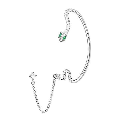 Ear Cuff Chain Snake Earring Silver For Women Green Rhinestone