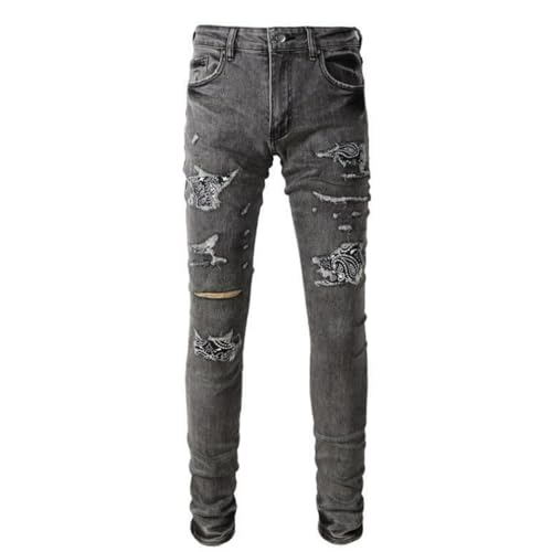 Jeans Pants Trouser Denim Men Worn Hole Stretch Slim Fit Street Trendy Embroidery Retro Washed Grinding Fading Grey Patch Casual Small Foot(Grey,33)2