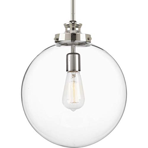 Progress Lighting 1-Light Clear Glass Farmhouse Pendant Light, Penn Collection, Indoor, P5328-104, Polished Nickel