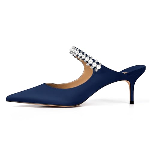 Image of XINIUNIU Heeled Mules for Women Rhinestone Heels Pointed Toe Slip On 2.5 Inch Kitten Stiletto Closed Toe Sandals Dress Wedding Pump Shoes