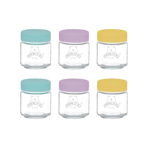 Kilner Kids Glass Baby Food Jars Set of 6x 110ml Reusable Jars with Airtight Silicone Lids in Purple, Yellow, and Turquoise Ideal for Homemade Purees, Batch Cooking and Portable Storage