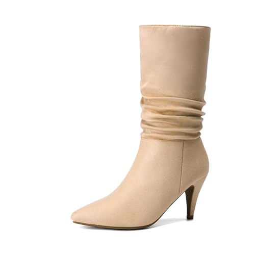 DREAM PAIRS Women's High Heel Mid Calf Boots Slouchy Pointed Toe Fall Boots,Size 7,Nude/Suede,KIMLY