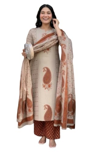 Image of Nermosa Women's Pure Viscose Block Printed Ethnic Wear Straight Kurta Set with Palazzo Pants & Dupatta | Kurta Set for Women | 3 Piece Set