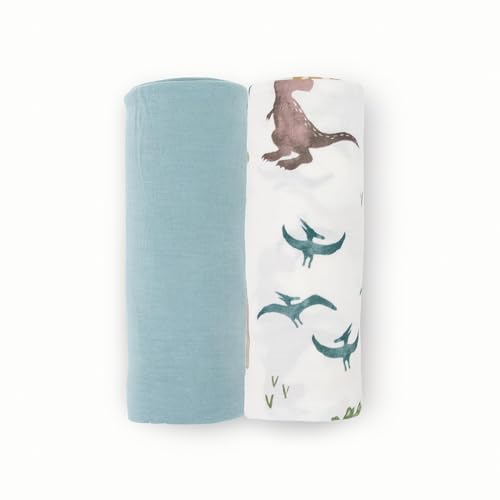 Image of Little Unicorn Large Stretch Knit Swaddle Blanket 2 Pack| Super Soft with Optimal Stretch for swaddling | Giftable Set (Dino Pals)