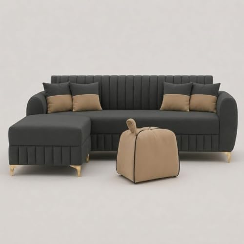 Image of CASASTYLE Signature Velour 4-Seater L-Shape Sofa Set with Movable Ottoman & Suri Pouf | Flexible LHS /RHS Layout | Boston Fabric | 40D Foam + Zigzag Spring | 3-Yr Warranty (Ash Grey, Sand Beige)